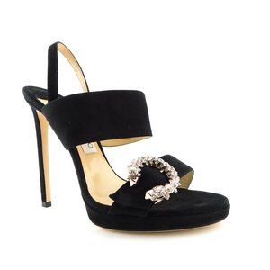 JIMMY CHOO Sparkle Crystal C Buckle Black Suede Leather Sling Heel Sandals 39